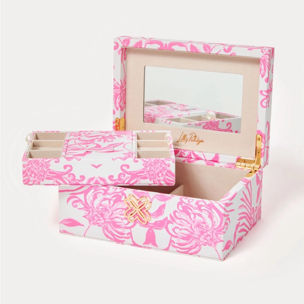 Lilly Pulitzer White and Pink Floral Jewelry Box with Gold Accent
